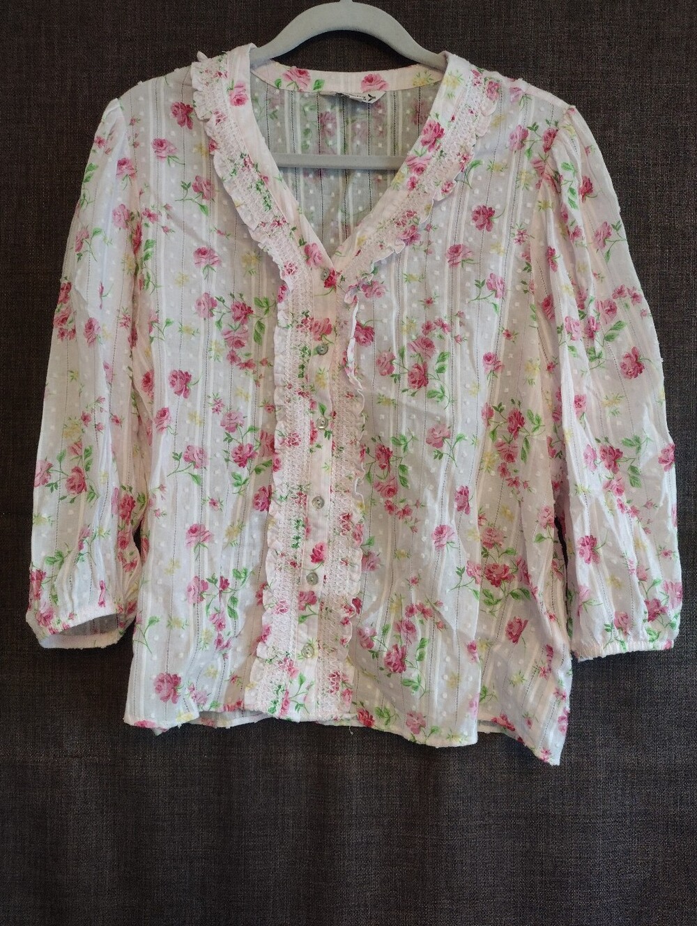 Nanette Lapore Floral Pink Cotton Ruffle Button-Front Top, Sz L